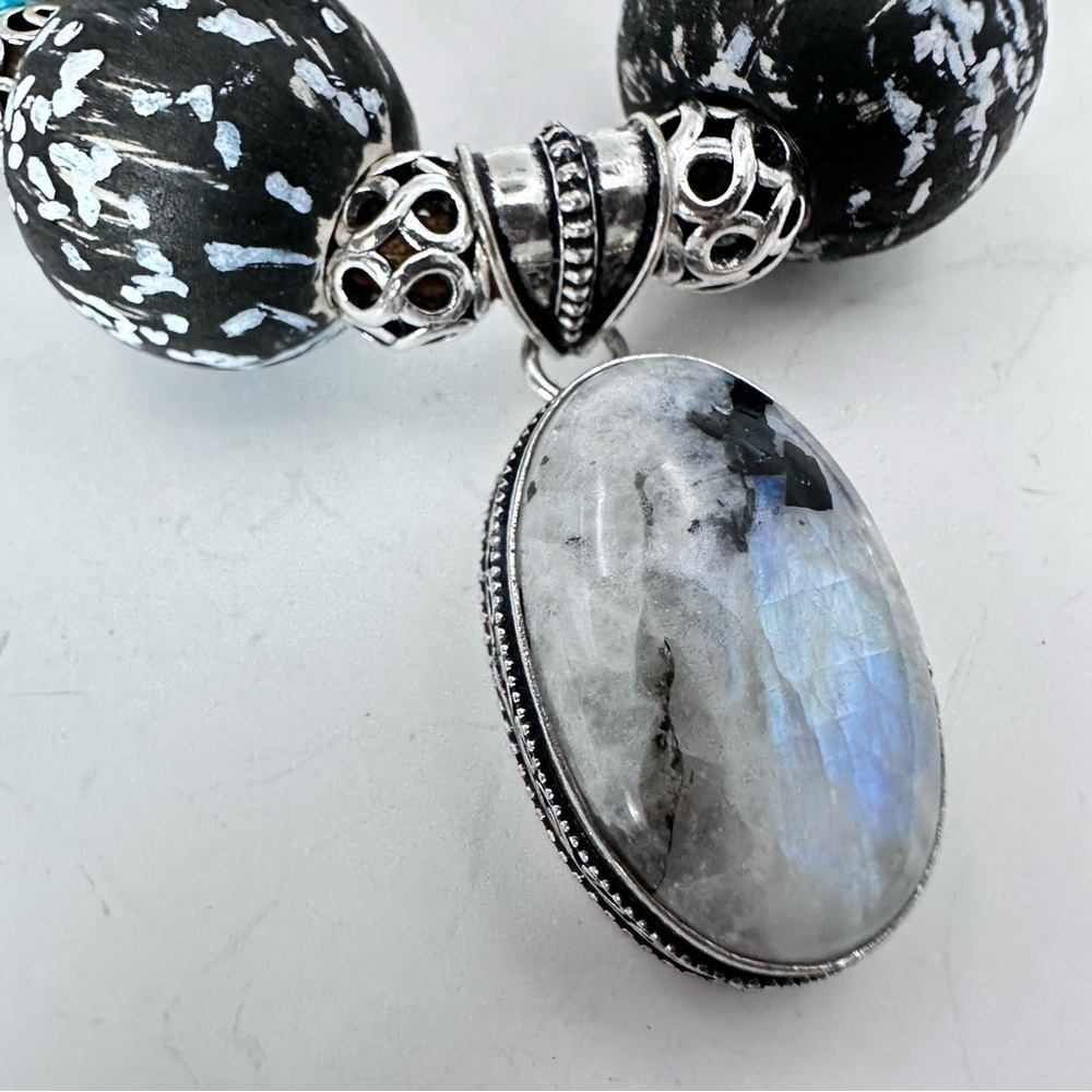 Handmade Rainbow Moonstone Pendant, Necklace Hand Painted Beads Leather Cord
